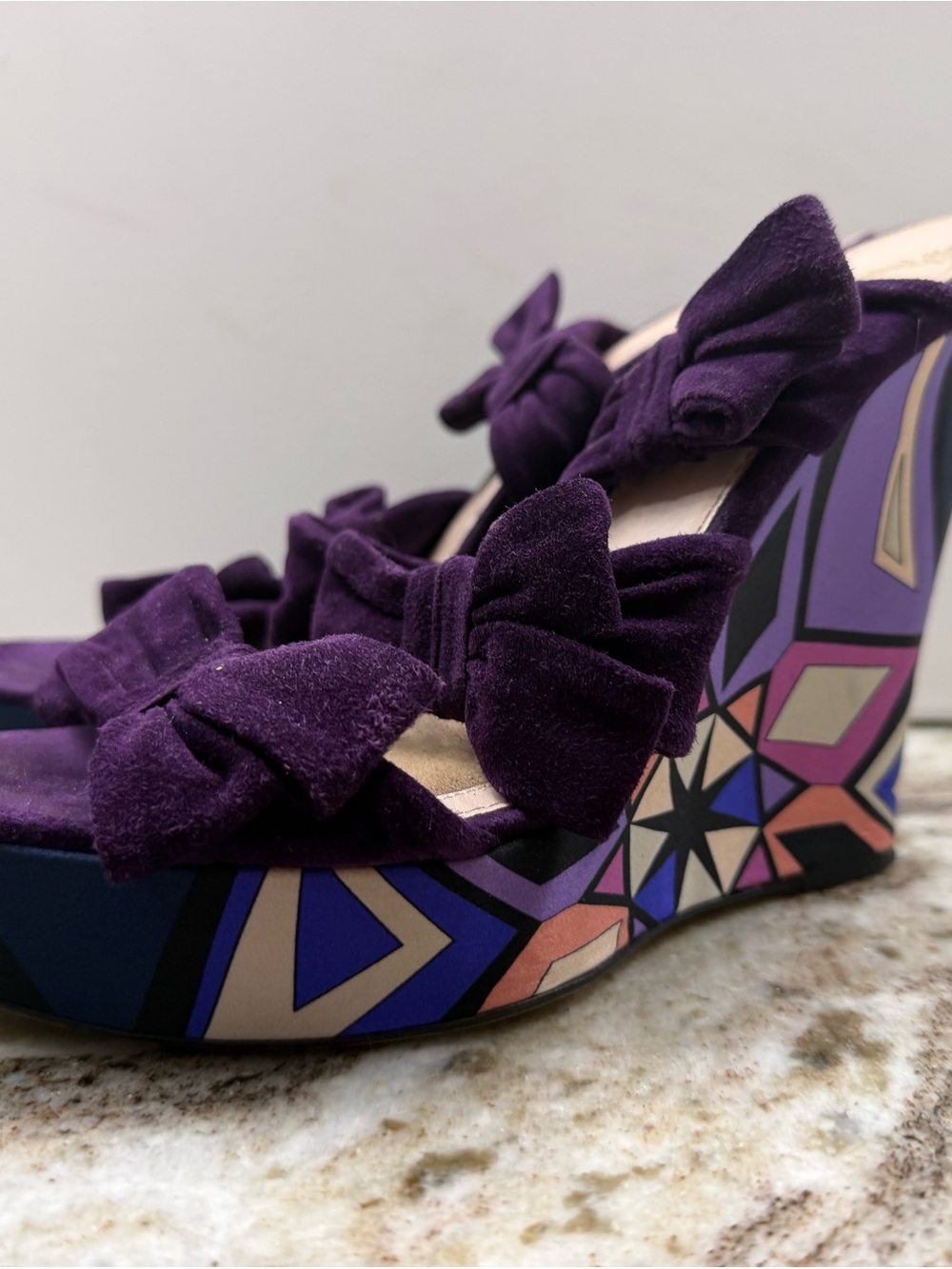 Emilio Pucci Purple Bow Suede Wedge Sandals with Geometric Print Platform
